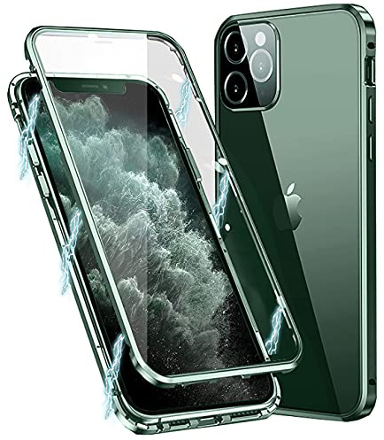 MIMGOAL Hülle für iPhone 11 Pro 360 Grad Magnetisch Transparent Nachtgrün | Gehärtetes Glas vorne und hinten, Magnetischer Aluminiumrahmen, Integrierter Kameraschutz, Präzise Ausschnitte