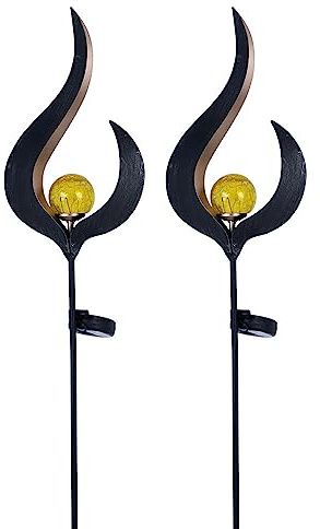 Solarleuchte Flamme Garten Solarstab für Außen Solar Garten Deko für Außen, mit Erdspieß und Crackle Glas Lichteffekt, 1x LED, H 90 cm, 2er Set