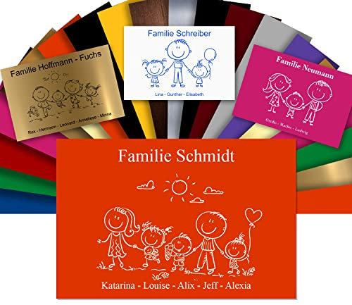 Briefkastenschild – Personalisiertes Familiendesign – PVC Namensschild mit Gravur und Familienmotiv – selbstklebend – 12 x 8 cm (Orange)