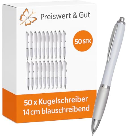 Preiswert & Gut 50x Kugelschreiber Kuli Stift Schreibgerät weiß silber 14 cm Kunststoff Stahl blauschreibend Großraummine Druckmechanismus taillierte Schaftform Büro Schule Universität Homeoffice Set