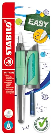 STABILO - Schulfüller mit Standard-Feder M - EASYbuddy Pastel in minzgrün - blau (löschbar) - inkl. Patrone - Blister