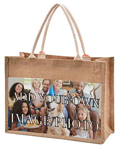 CaTaKu Personalized Jute Tote Bag with Photos & Canvas Pocket - Grocery Shopping Bag with Handles & Zipper - Large Size - 17 x 13
