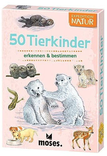 moses. Expedition Natur: 50 Tierkinder, Löwe, Rehkitz, Schimpanse und Co. erkennen und bestimmen, Kartenset für Kinder ab 6 Jahren, mit spannenden Quizfragen rund um beliebte Tier Junge