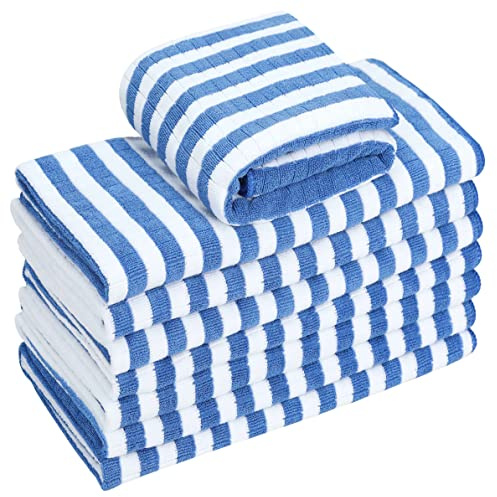 gryeer 8 Pack Microfibre Tea Towels, Super Absorbent, Soft and Thick Kitchen Towels, Check designed with Hanging Loops, 65 x 45 cm, Blue