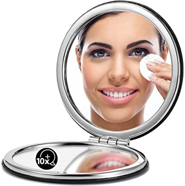 OMIRO Compact Mirror with 1x/10x Magnification, Round with PU Leather, Ultra-Portable for Purses and Travel (Classic Black)