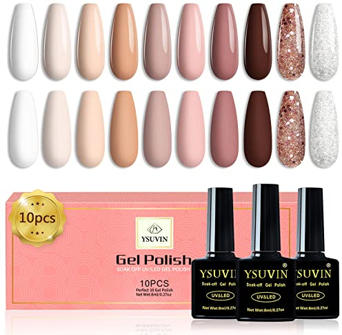 YSUVIN UV Nagellack, 10 Stück Nude Rosa Weiß Braun Glitzer Gold Silber Gel Nagellack Soak-Off UV Gellack für Frauen Home DIY Nail Art Salon, 8ML