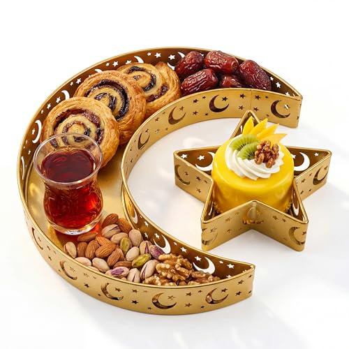 2 Stück Ramadan Eid Mubarak Dessert Tablett Muslim Ramadan Serviertablett Mond und Stern Gebäck Tablett Islamisch Dessert Tabletts Snack Serviertablett Essen Aufbewahrung Behälter, Gold