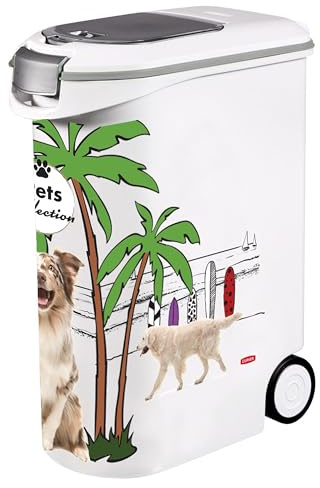 Curver Conteneur à Croquettes Pour Chien - 20kg / 54L - Pets Collection - Grand Rangement Hermétique Anti-Odeurs pour Nourriture pour Chiens - Conteneur à Roulettes - 28 x 49 x 61 cm