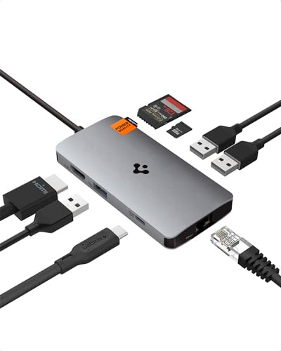 Spigen 8-in-1 USB C Hub Multiport Adapter 100W PD 3.0 microSD/SD Kartenleser 5Gbps Datenanschluss für MacBook Pro Air M1 M2 Steam Deck Dell XPS 4K 60Hz HDMI Ethernet USB C und 3 USB A Anschluss