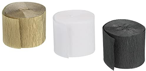 sourcing map 3 Rollen Krepppapier 3,5x1000cm Regenbogen Luftschlangen Bunt Seidenpapier Kreppband zum Basteln Dekor Geschenk Verpackung Blumen, Schwarz/Weiß/Gold