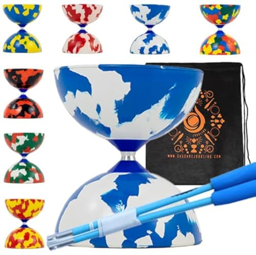 Juggle Dream e Cascade Jester Diabolo Set con bastoncini in fibra, corda per diabolo – Set professionale in gomma con borsa per il trasporto a cascata (blu e bianco)