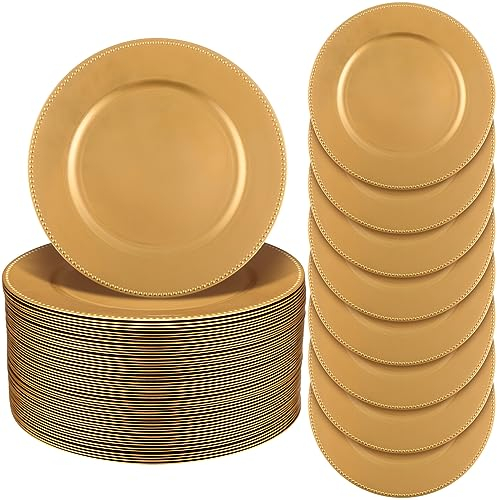 Jinei Charger Plates, 100Pcs Gold Plastic Reusable Dinner Charger Plates, 13'' Round Vintage Table Decoration, for Wedding, Party & Holiday