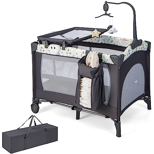 DREAMADE 4-in-1 Reisebett Baby, Faltbar & Tragbar Babybett mit Rollen & Matratze & Wickelauflage & Spieluhr, 102 x72cm Beistellbett Baby 0-36 Monate (Beige)