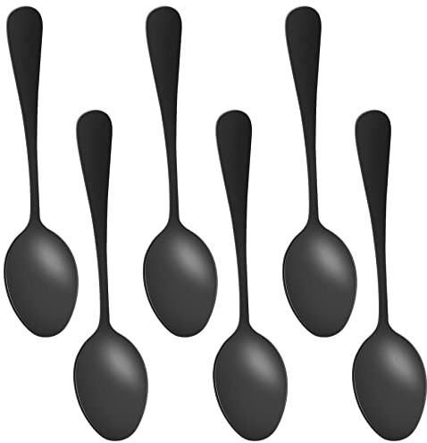 Juwacoo 6 Stück Schwarze Mini Edelstahl Kuchen Espressolöffel, Müslilöffel, Teelöffel, Mokkalöffel für Dessert, Spülmaschinenfest