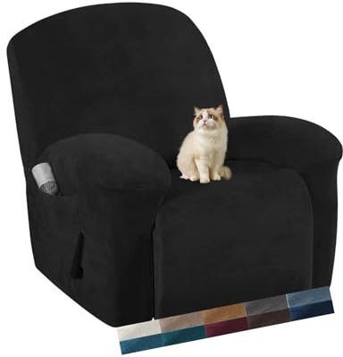HonunG Samt Relaxsessel Sesselbezug 4-Teiliges Set,Soft Velvet Plush Couchbezug,Elastisch Sessel überzug mit Seitentasche 1 Sitzer, Stretch Sofaschoner Sesselhusse (Schwarz)