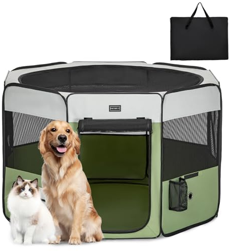 PETSFIT faltbar Welpenauslauf Tierlaufstall für Kleintiere Hunde Katzen,Hundelaufstall Freigehege mit Wasserdichter Boden,Pop-up System Kausicheres Design,Grau/Grün,116 * 106 * 70cm
