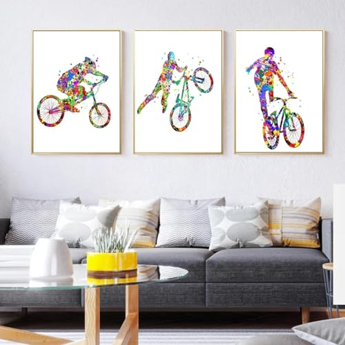 KemneT Farbiges Radsport-Leinwandgemälde Poster und Kunstdrucke Fahrrad abstrakte Figur Leinwand Wand Bilder Bilder Wohnzimmer Inneneinrichtung 50 x 70 x 3 cm ungerahmt