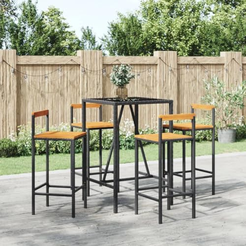 UJCHVHN Gartenmöbel-Set, 5-teilig, Polyrattan und Massivholz, Akazienholz, Gartenmöbel-Set, Schwarz