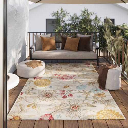 Wecon Home moderner, wetterfester Teppich für Innen und Außen - florales Design für Wohnzimmer, Esszimmer, Flur, Terrasse und Balkon - Abloom (80 x 400 cm, beige)