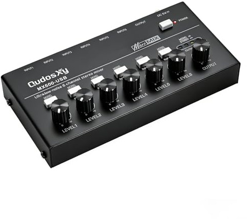 Mini mixer audio, mixer stereo a 6 canali per sub-mixaggio, controllo indipendente del microfono, ingresso/uscita TRS da 1/4, ideale per chitarre, bassi, tastiere