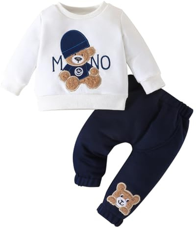 LUVCES Completo Bambino Ragazzi Set di Vestiti Manica Lunga Stampa di Lettere/Carino Orso Ricamato Felpa+ Pantaloni 2Pcs Primavera Autunno Abiti Orso bianco con lettere 6-9 Mesi