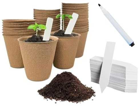 Garden Mile 36pc Biodegradable Plant Pots And 40pc Durable Plastic Plant Labels For Outdoor Plants W/Garden Marker Pen Fibre Planting Pots Easy Transplant Perfect For Seedlings Greenhouse Accessories