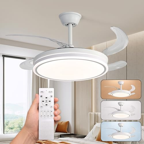CLAR Ventilador Techo Aspas Retráctiles, Ventilador de Techo con Luz, Silencioso con Mando, Aspas Plegables y Motor Reversible, Ceiling Fan with Light (Blanco, 48W)