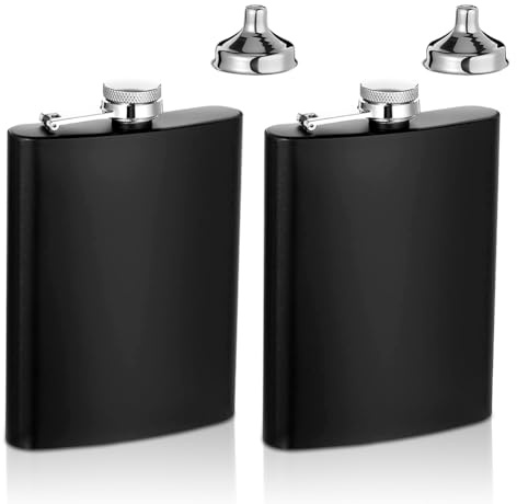 2 Stück Edelstahl Flachmann 8oz.227ml Flachmann Edelstahl mit Trichter, Stilvoll und Tragbares Flaschen-Set zum Tragen von Alkohol Auslaufsicher Taschenflasche für Wandern und Party (Schwarz)