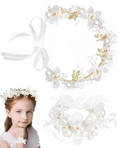 SCJJZ Haarschmuck Kommunion Mädchen,blumenkranz haare kinder,Hochzeit Blumenkranz Haare Stirnband Haarkranz Kopfschmuck Baby Kinder Damen mit Armband