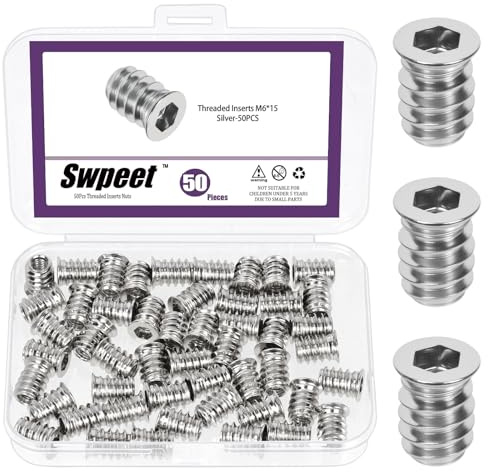 Swpeet 50 Pièces Insert Filetés M6×15 Nickelés, Écrous Inserts à Entraînement Hexagonal, Connecteur Fileté Interne, Inserts Filetés pour Bois pour Vis de Meuble en Bois