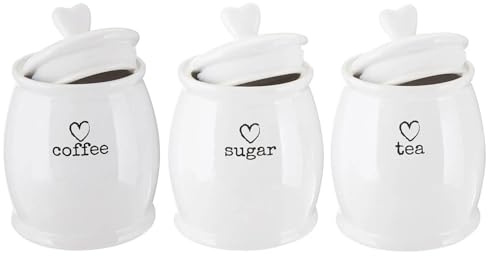 UNIQUE HOME LIVING Tea Coffee Sugar Canister Set of 3, 800ml White Dolomite Storage Canisters with Airtight Lids, Kitchen Storage Jars Pots for Tea, Coffee and Sugar, Kitchen Accessories Essentials