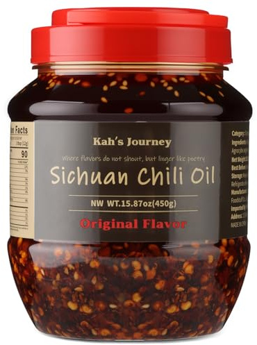 Kah's Journey Original Szechuan Chili Oil - 15.87oz (450g) Spicy Chili Crisp with Crunchy Garlic, Vegan, Sugar Free Hot Sauce, Great for Noodles, Dumplings, Vegetables, Meats