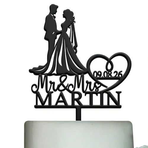 Personalised Mr & Mrs Wooden Wedding Day Cake Topper for Couples | Custom with Name & Date,3mm Wood,Bride Groom Silhouette,14x18cm, Multiple Colors ,Wedding, Engagement, Anniversary