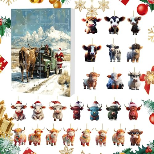 Highland Cow Calendario 'Avvento di Natale | 24 giorni di conto alla rovescia Calendario Ornamenti di Natale | Ornamenti in acrilico 2D Animali Bovini per Albero Specchio Auto Parete