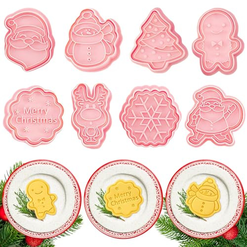 FUKPO 8 Piezas Moldes Galletas Navidad, Cortador Cortadores Galletas Navidad Plástico 3D, Kit Molde Formas Navideñas Cortapastas Reposteria Arbol de Navideñas Muñeco de Nieve Copo de Nieve Papá Noel