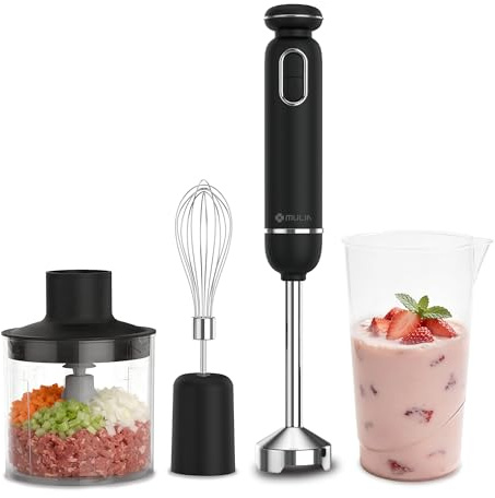 MULIN Frullatore a Immersione 4 in 1, 600W con Velocità Regolabile e Protezione Anti-Schizzo, Include Frusta, Bicchiere e Tritatutto, Ideale per Zuppe, Salse e Frullati in Cucina