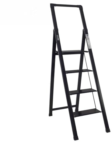 TRUTZHOLM Alu Trittleiter 4-stufig klappbar bis 150 kg Traglast Aluminium Silber Anti-Rutsch Trittflächen TÜV/GS Klapptritt 5,6 kg leicht platzsparend 5 cm schmal (Schwarz, 4 Stufen)