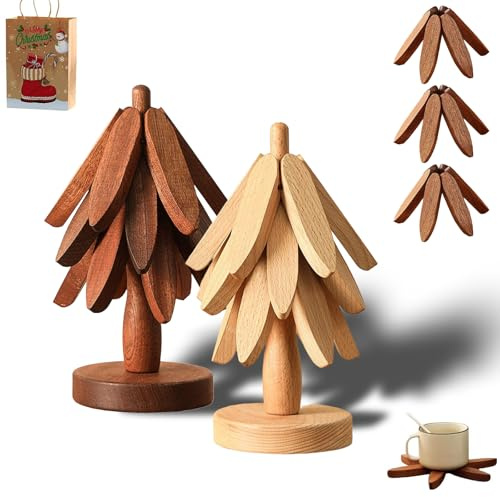 2 Stück Untersetzers Baum aus Holz für Heiße Gerichte, 3/4/5 Holzuntersetzer Baum + 1 Ständer wie EIN Weihnachtsbaum Aufbewahrt, Faltbare Topfuntersetzer Holz Set, Holzuntersetzer Dämmmatte (#A)
