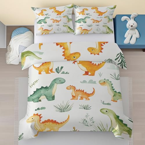 Generisch Cartoon Dinosaurier Bettwäsche 240x260, Dino Tiere Jungen Bettwäsche Set 3 Teilig, Grün Orange Mikrofaser Bettbezug 240x260cm mit Reißverschluss und 2 Kissenbezügen 80x80 cm