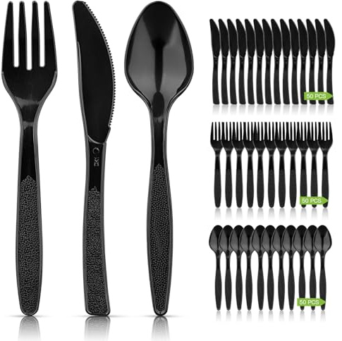 Plastikbesteck, 200 Stück Plastikbesteck Set, Wiederverwendbar Party Besteck Enthalten Plastikgabeln Kunststofflöffel Plastik Messer Party Besteck Plastik für Partys Outdoor Abendessen (Schwarz)