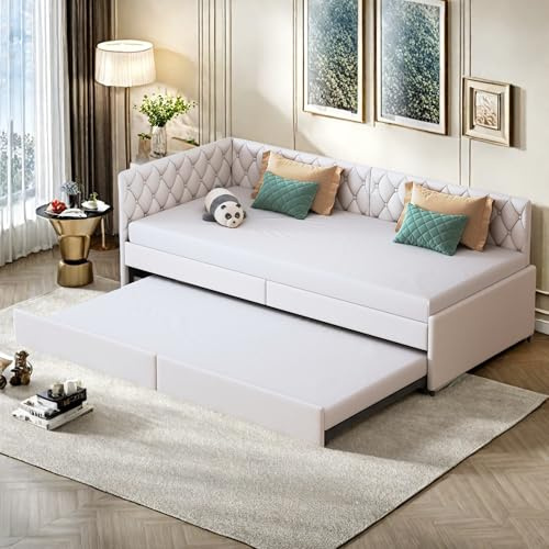 OLIVIBED 90 x 200 cm, utdragbar bäddsoffa, multifunktionssäng med ribbotten, modern soffsäng, funktionell bäddsoffa för vardagsrum, sovrum, sammetstyg, utan madrass, beige