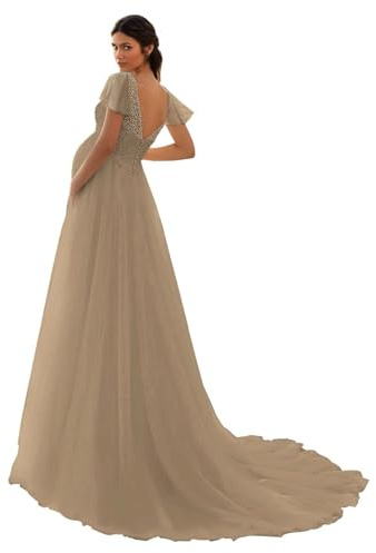 HAIBFJIN Vestido de maternidad de tul, cuello en V, vestido de novia para embarazadas, vestidos de maternidad para baby shower, sesión de fotos, pardo, 50