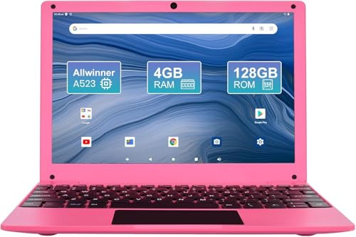 ZHAOHUIXIN Mini Laptop 10.1 inch Android 14, 4GB RAM, 128GB EMMC, Small Computer HD IPS Display, 1280x800 Pixel, Portable Netbook with Allwinner A523 CPU (Pink)
