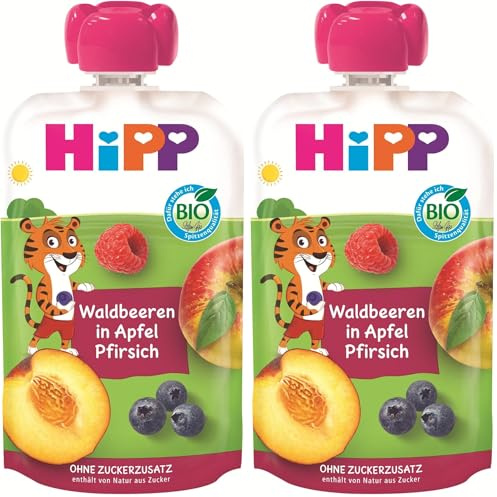 HiPP Bio Quetschie Waldbeeren in Apfel-Pfirsich - Thilo Tiger (8 x 100g), ab 1 Jahr, 100% Fruchtpüree, ohne Zuckerzusatz, vegan, in bester Bio-Qualität (Packung mit 2)