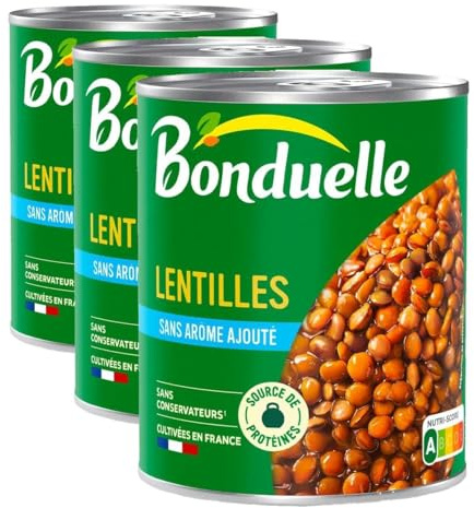 BONDUELLE - Lentilles Jus Nature - Sans Conservateur*, Sans Arôme Ajouté - Riches En Fibres Et En Protéines - Nutri-Score A - Boîte de Conserve 800 g (Lot de 3)