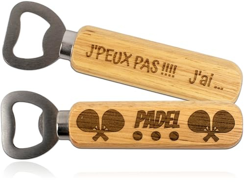 ERNESTINE - Décapsuleur Padel en Bois Gravé Recto Verso – Cadeau Sport Original, Ouvre-Bouteille Apéro, Papa, Papi, Parrain, Tonton, Anniversaire, Noël - Décapsuleur Padel homme cadeau sport tennis
