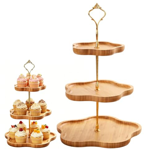 MIUUIPI Soporte de 3 pisos de madera para cupcakes, soporte para cupcakes con mango de metal, soporte para frutas, 3 pisos, soporte para tartas, para cumpleaños, té de la tarde, fiesta de boda