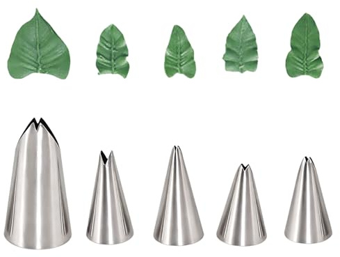KinetiCore 5Pcs Silver Leaf Piping Tips – Stainless Steel Cake Icing Nozzles, Russian Piping Tips Set for Cake Decorating, DIY Baking Supplies (Leaf Patterns)