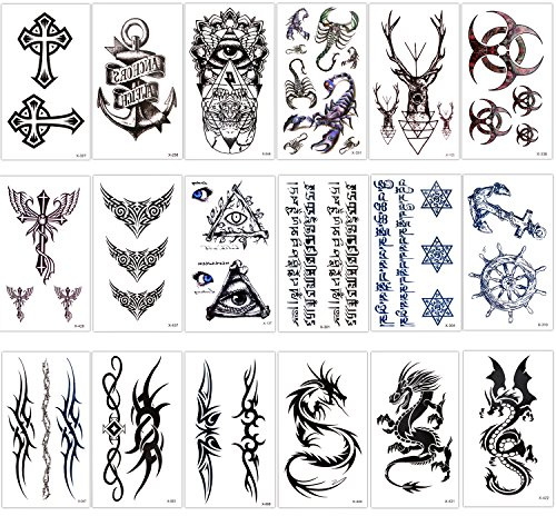 Konsait 18 Blätter temporär Tätowierung schwarz Tattoo Körperkunst Kleine Bögen Tattoo Aufkleber Fake Arm Tattoos Sticker für männer Frauen, Drachen Anker Auge Skorpion Graphic Elk und meh