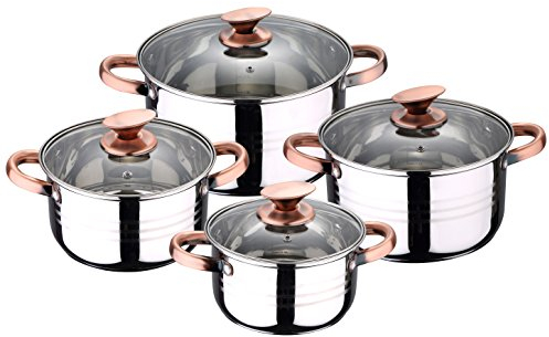 San Ignacio Bateria de cocina 8 piezas-acero inoxidable-tapas de vidrio-apta para inducción-Colección Altea, Multicolor, Ø16 Ø18 Ø20 y Ø24 cms
